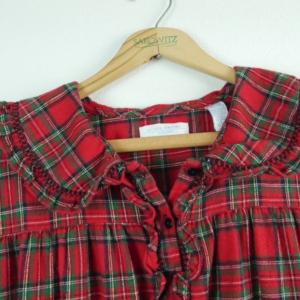 Vintage Large Red Plaid Flannel Nightgown Cotton Prairie Traditional Modest